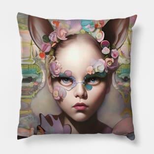 Stunning pop surrealism dream painting of a girl with flowers and ears of a cat Pillow