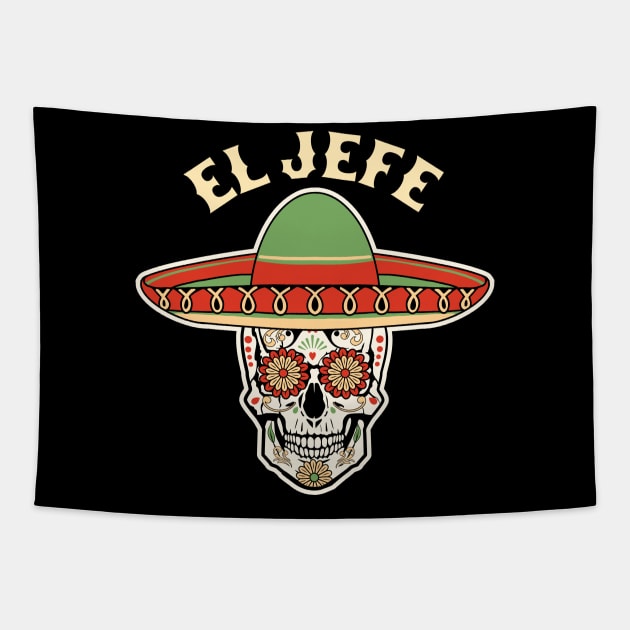 El Jefe Sugar Skull Mexican Dia De Los Muertos Cinco de Mayo Tapestry by OrangeMonkeyArt