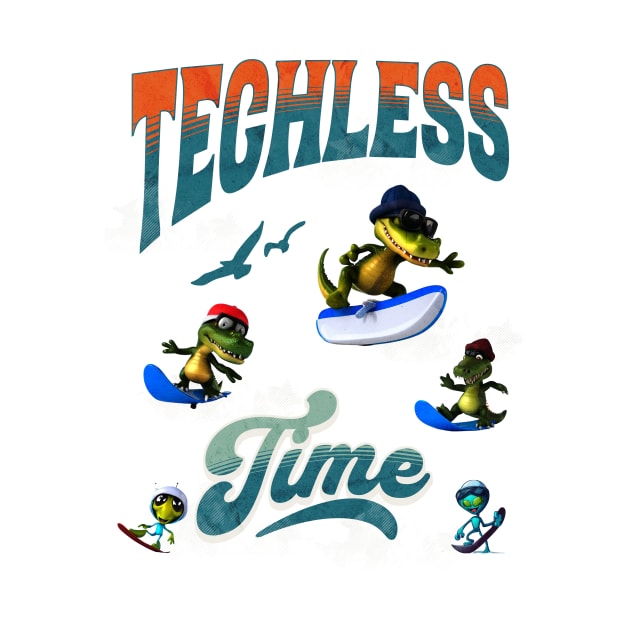 Techless Time Alien Alligator Gator Snowboard Surfboard Boogie Board Tee by UnpluggedLife