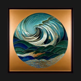 Mosaic Ocean Wave Scene with Gold Leaf Frame - Coastal Art T-Shirt