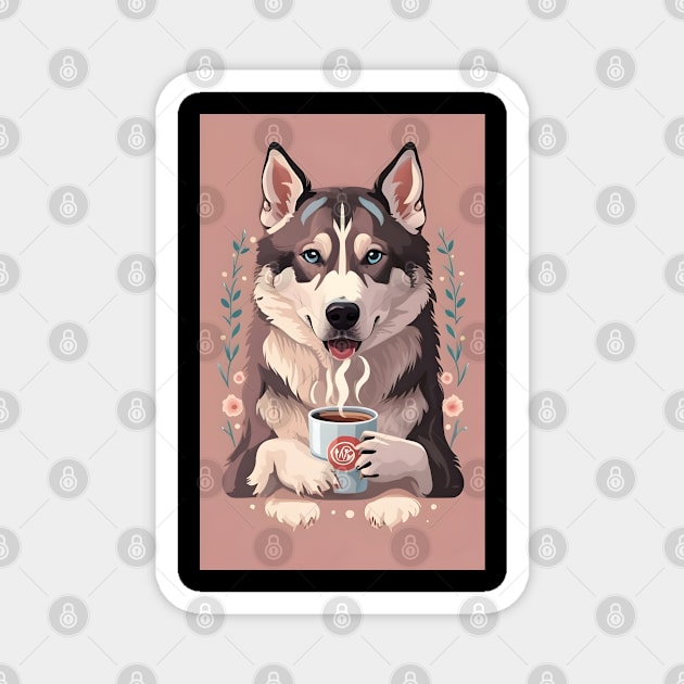 Siberian husky with hot coffee Magnet by Spaceboyishere