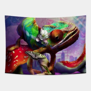 Trippy Psychedelic Chameleon Lizard On Mushroom Tapestry