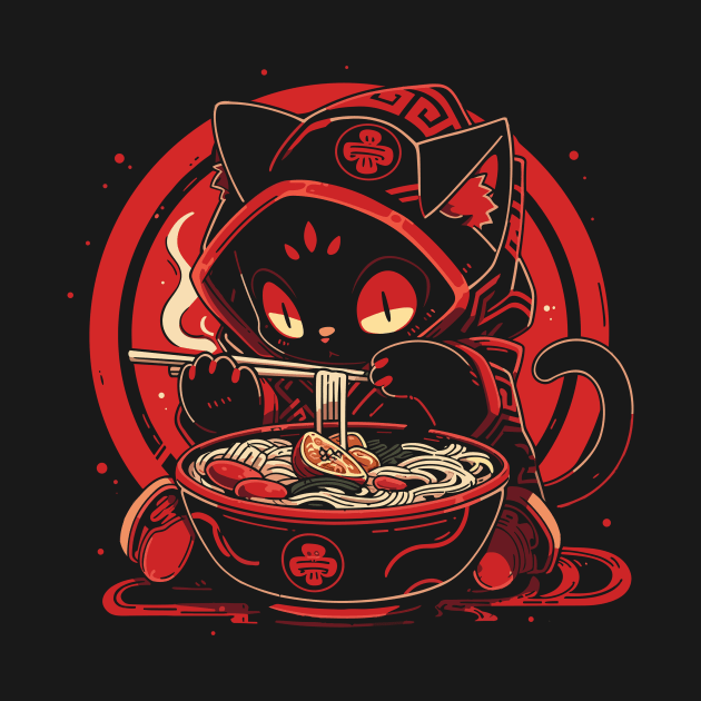 Stealthy Ninja Cat T-Shirt, Dark Ramen Eating Kitty Graphic Tee, Perfect Apparel for Cat Lovers and Ramen Fans by Indigo Lake