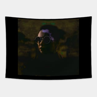 Beautiful girl with round glasses. Dark, like in night dream. Yellow, green and violet. Tapestry