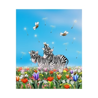 Summer Stroll, Cute Zebras, Beautiful Flowers Glad, Sunny Day, Watercolor Illustration T-Shirt