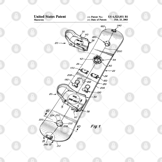 Snowboard Patent - Snowboarding Art - Black And White by patentpress