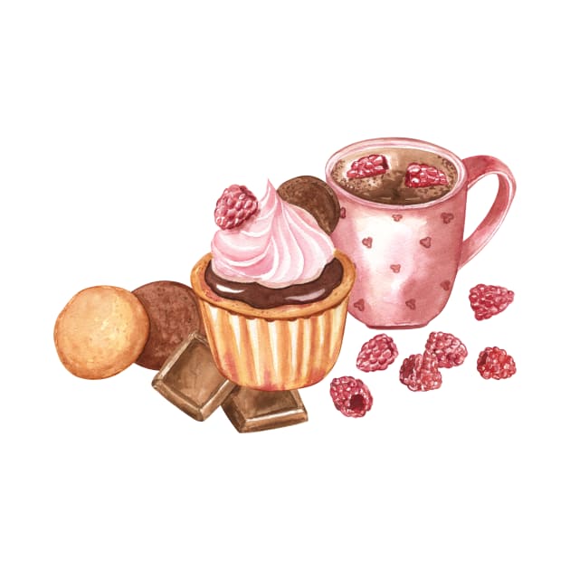 Cupcake and hot chocolate watercolor by Flowersforbear