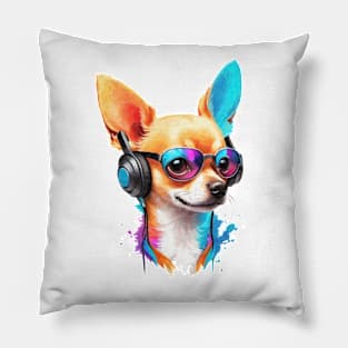 Colorful dog with headphones and glasses - Chihuahua dog Pillow