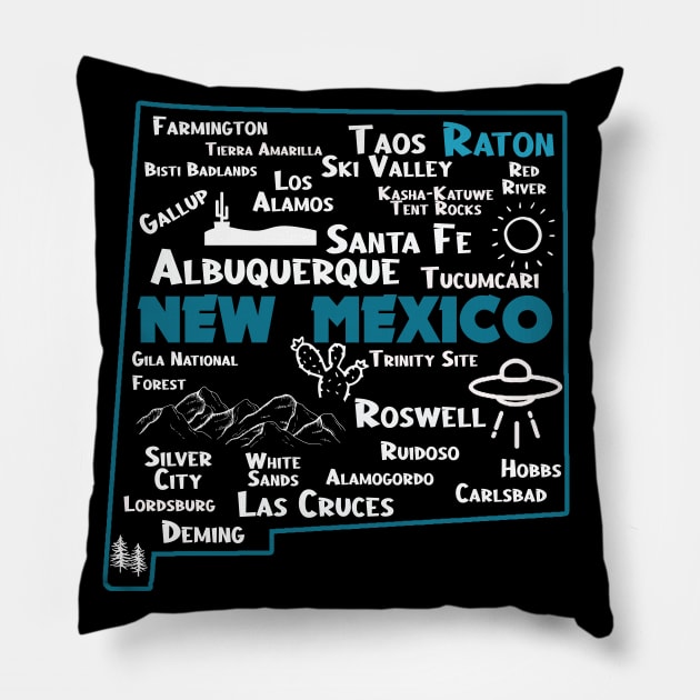 Cute map of Raton New Mexico Albuquerque Map Santa Fe Los Alamos, Taos,Roswell Las Cruces Deming Carlsbad Silver City Pillow by BoogieCreates