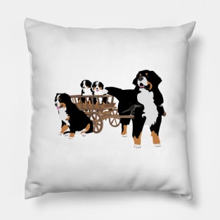 Family of Bernese Mountain Dogs with Wooden Wagon Pillow