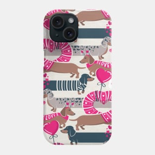 Dachshunds long love // beige background fuchsia pink hearts scarves sweaters and other Valentine's Day details brown nile blue and dark grey spotted funny doxies dog puppies Phone Case