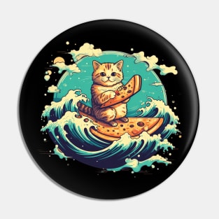 Cat Surfing on Pizza Slice Pin