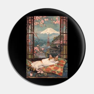 Cat Sleeping Ukiyo-e Mount Fuji Pin