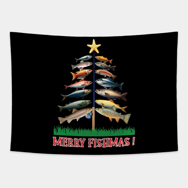 Merry Fishmas Tree Love Fishing Shirt Tapestry by Schoenberger Willard