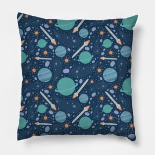 Blue and green planets with cosmic rocket and asteroids Pillow