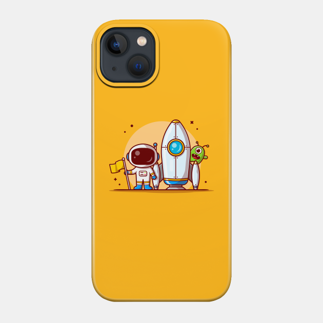 Cute Astronaut Standing Holding Flag with Rocket and Cute Alien Space Cartoon Vector Icon Illustration - Astronaut - Phone Case
