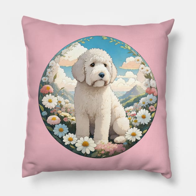 White Doodle Dog In A Field Of Spring Flowers Pillow by Pet And Petal