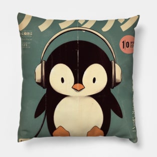 Kawaii Penguin with Retro Headphones Pillow