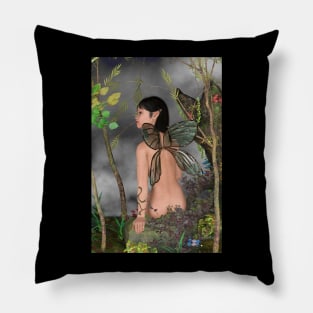 Fairy sitting on a rock in the woods Pillow