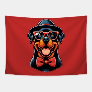 cute Rottweiler Dog Wearing Red Glasses And Bow Tie Tapestry