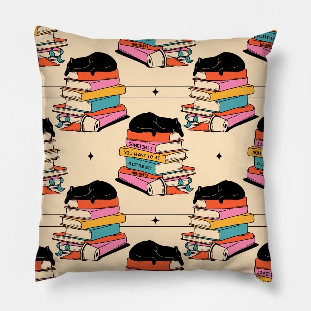 Books and Plant Black Cat Pattern in beige Pillow by The Charcoal Cat Co.