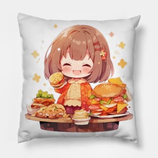 Cute chibi girl eat happily anime Pillow