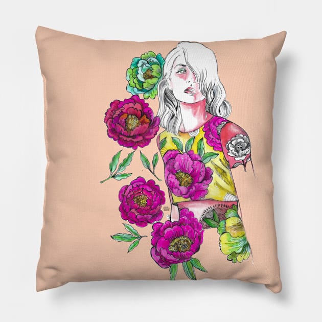 Woman With White Hair - Fashion Illustration with Pink Flowers. Pillow by FanitsaArt