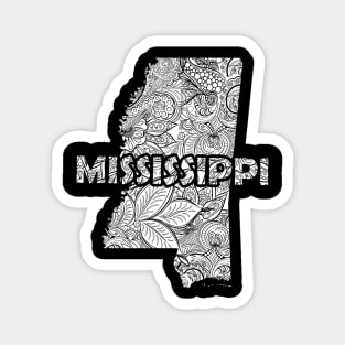 Mandala art map of Mississippi with text in white Magnet