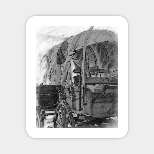 Black And White Sketched Covered Wagon Magnet by KirtTisdale