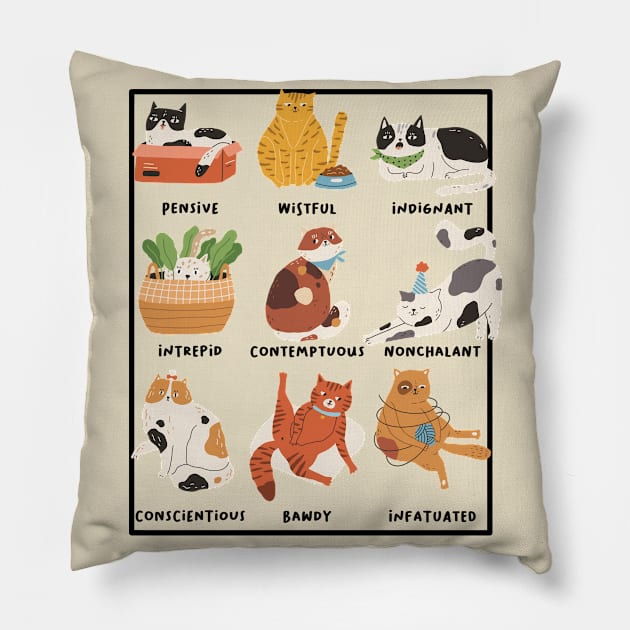 The Many Demeanors of Cats Pillow by Perpetual Brunch