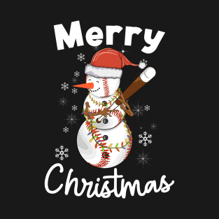 Merry Christmas Snowman Playing Baseball for Baseball Fans T-Shirt