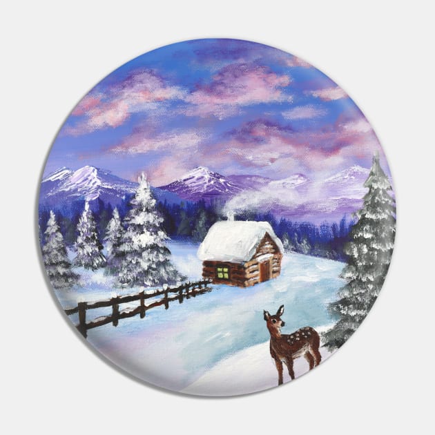 festive winter wonderland scenery mountain evergreen fawn deer Christmas snowy cabin Pin by Tina