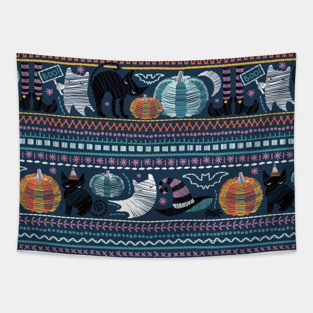 Embroidery Halloween // black cats orange and teal pumpkins white ghosts and purple stitches on teal background Tapestry by SelmaCardoso