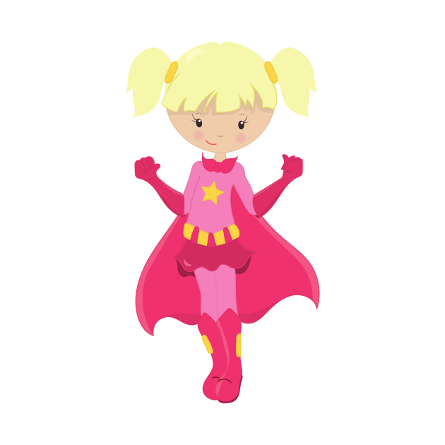 Superhero Girl, Blonde Hair, Pink Cape, Cute Girl by Jelena Dunčević