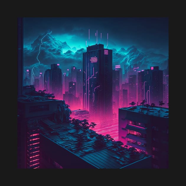 Violet Vapor - Cyberpunk Cityscape Skyline by ArkMinted