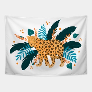 Leopard with orange and teal tropical plants Tapestry