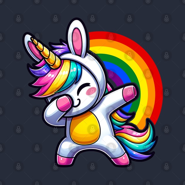 Cute Kawaii Dabbing Unicorn Wearing Easter Bunny Costume with Rainbow by Odetee