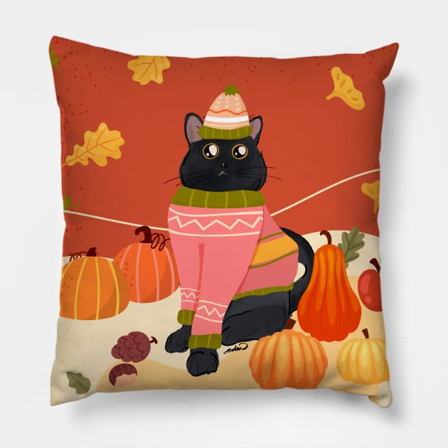Cozy Cat Autumn Pillow by edmproject