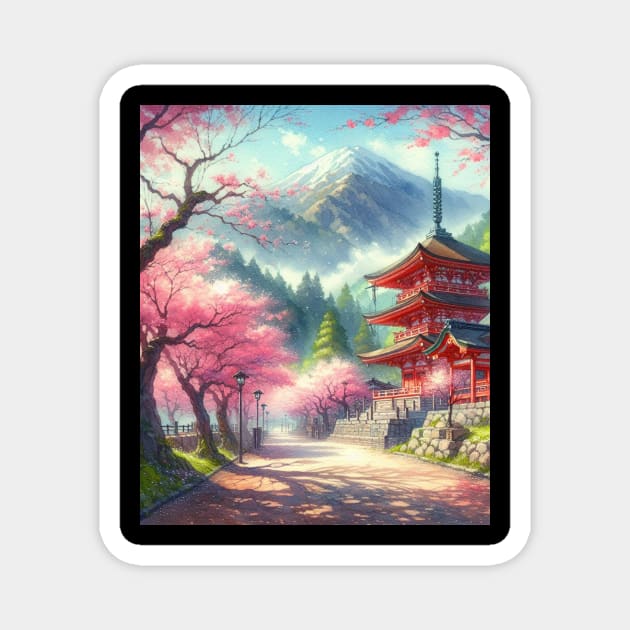 Japanese Red Temple with Cherry Blossom and Mountain - Anime Drawing Magnet by AnimeVision