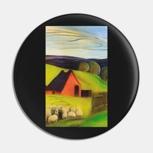 Colourful oil painting of a farm with sheep Pin