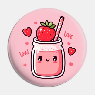 Strawberry Milkshake Drink with Strawberries and Hearts in Kawaii Style | Cutesy Kawaii Pin