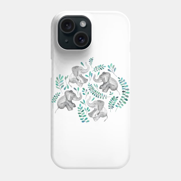 Laughing Baby Elephants – emerald and turquoise Phone Case by micklyn