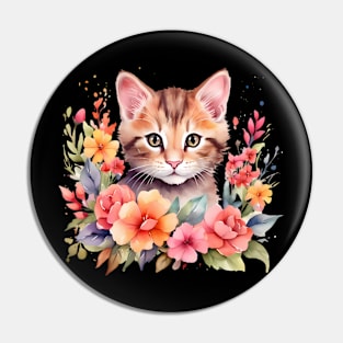 A cat decorated with beautiful watercolor flowers Pin