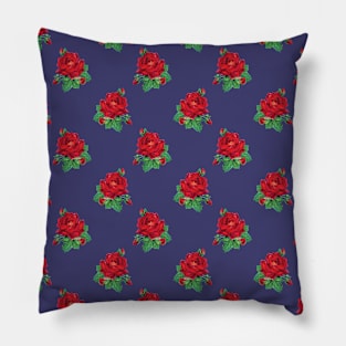 Red vintage roses on navy blue Pillow