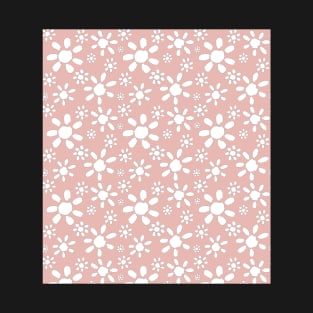 White Floral Pattern on Pink T-Shirt