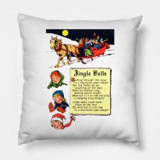 Jingle Bells Marry Christmas horse with sleigh in the snow under the moon Retro Vintage Comic Pillow