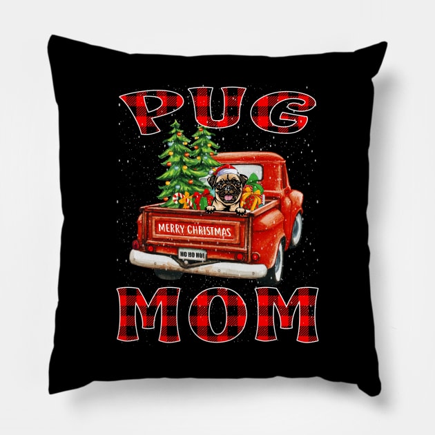 Christmas Pug Mom Santa Hat Truck Tree Plaid Dog Mom Christmas Pillow by intelus