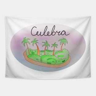 Culebra watercolor Island travel, beach, sea and palm trees. Holidays and vacation, summer and relaxation Tapestry