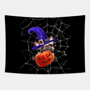 French bulldog, witch hat and Spider web, scary Halloween, jack pumpkin, spooky Tapestry