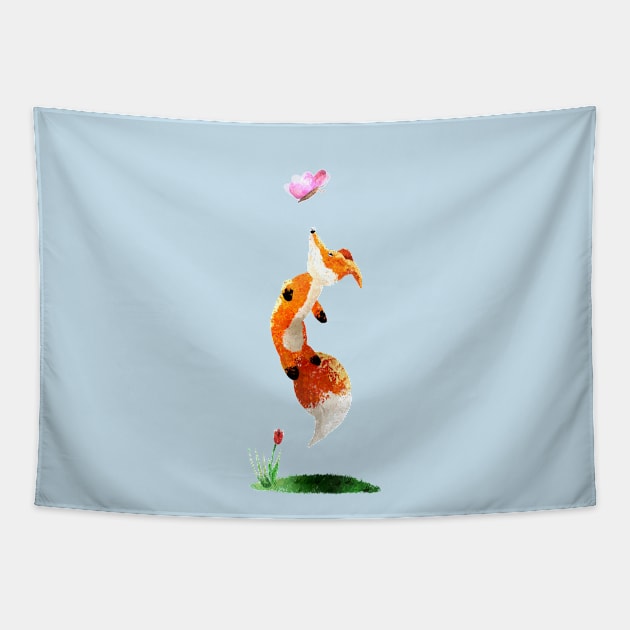 Toby the Fox Sees a Butterfly Tapestry by VoidDesigns